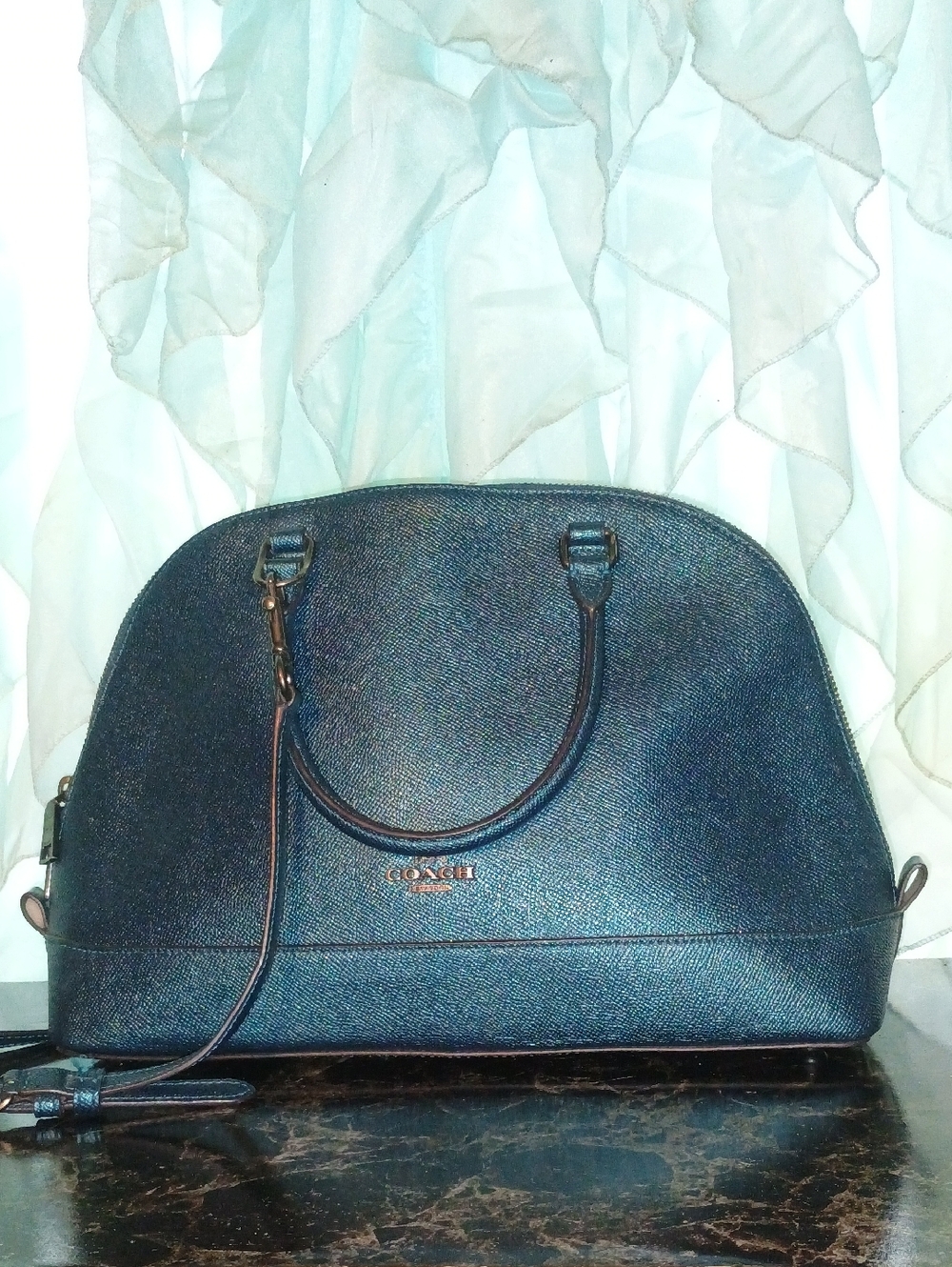 Coach Metallic Blue Dome Satchel with Gold Hardware
